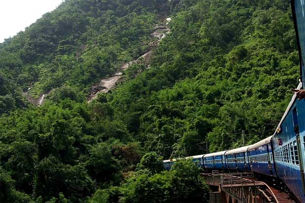 Train by the side of a slope hill