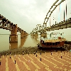 Boat between old and new bridge on river Godavari at Rajahmundry Andhrapradesh