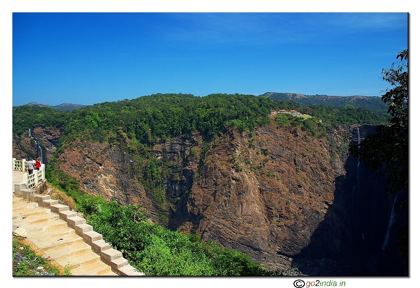 Steps near water falls in Jog falls to reach bottom of the water falls