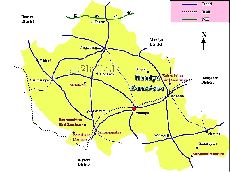 Mandya district map for important visiting places in Karnataka state of India