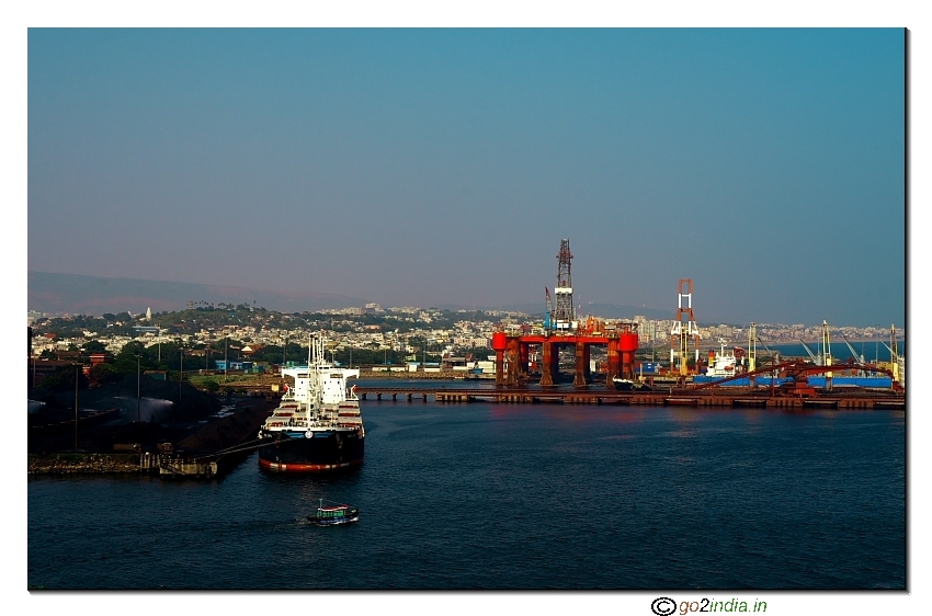 Ship unloading and Rama Krishna beach from Kanaka Durga Temple Vizag