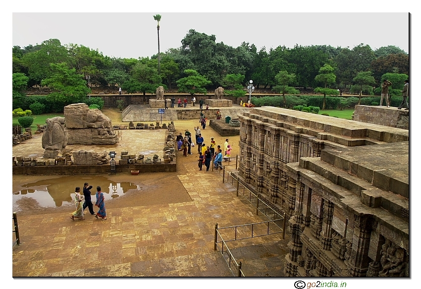 Konark Sun temple right side field view with sculptures and carvings from top