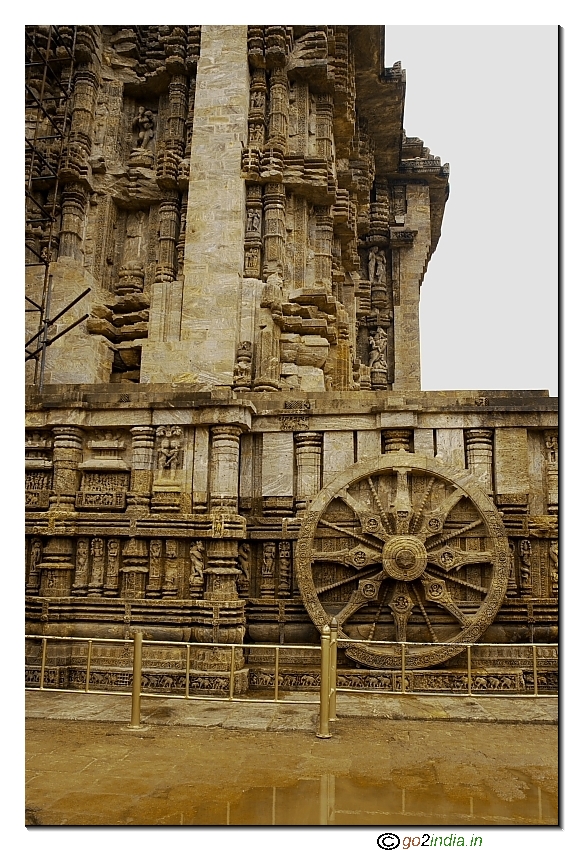 Stone statues and wheel at Konark
