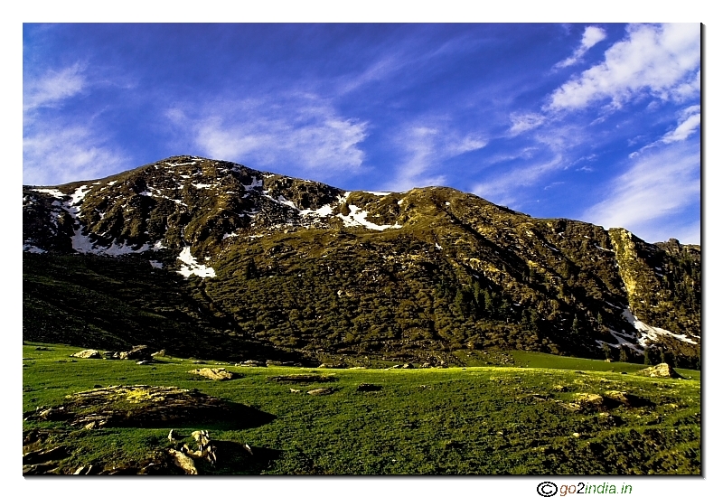 Kedarkantha camp view of hills and green meadow