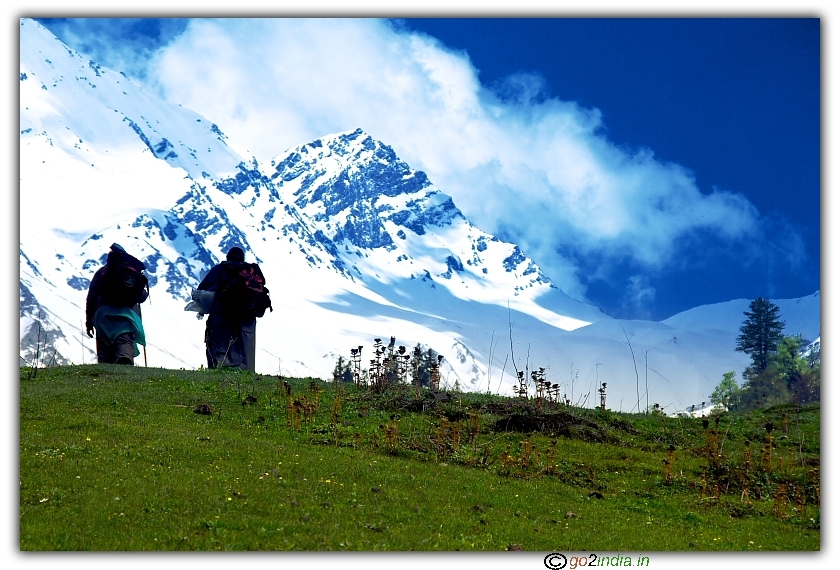 Himalayan peak view at Bhandak thatch, YHAI Sarpass