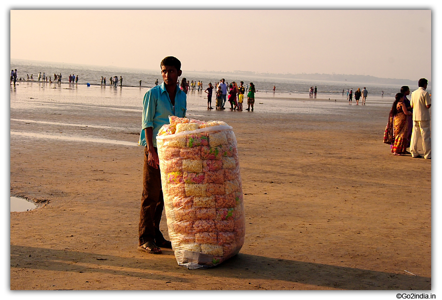 Juhu beach Mumbai , selling chips and snacks